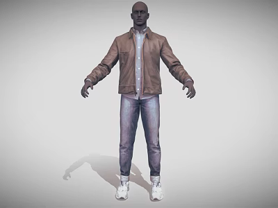 A Man Posing in Brown Leather Jacket Blue Jeans and White Sneakers on Gray Background 3d model