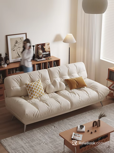 Cozy Modern Living Dining Room Interior With White Sofa Decorative Pillows Bookshelf And Floor Lamp 3d model 