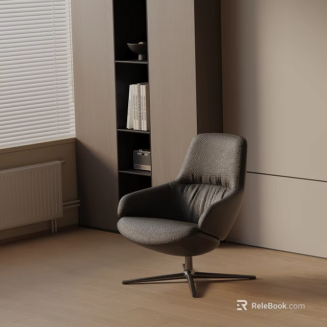 Modern Gray Upholstered Lounge Chair in Room with Window Blinds Bookshelf and Wooden Floor 3d model 