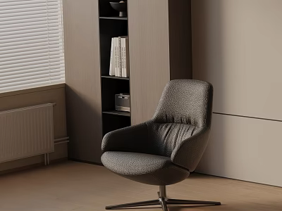 Modern Gray Upholstered Lounge Chair in Room with Window Blinds Bookshelf and Wooden Floor 3d model