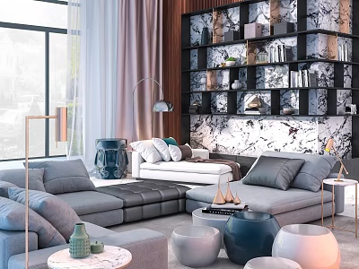 Modern Sectional Gray Sofa Coffee Table Combination With Marble Wall And Accent Pillows 3d model