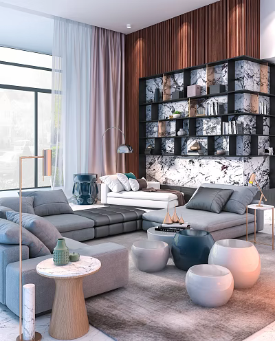 Modern Sectional Gray Sofa Coffee Table Combination With Marble Wall And Accent Pillows 3d model