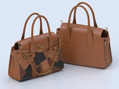 Two Classic Brown Leather Handbags With Chain Strap And Patchwork Design 3d model
