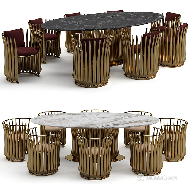 Elegant Round Dining Table Set With Marble Top And Golden Metal Frame Chairs 3d model 