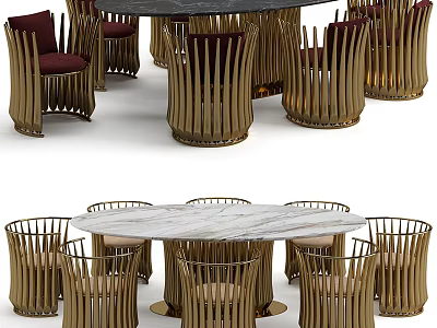 Elegant Round Dining Table Set With Marble Top And Golden Metal Frame Chairs 3d model