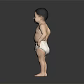 Adorable Small Baby Standing In White Diaper With Hands On Belly Against Gray Background