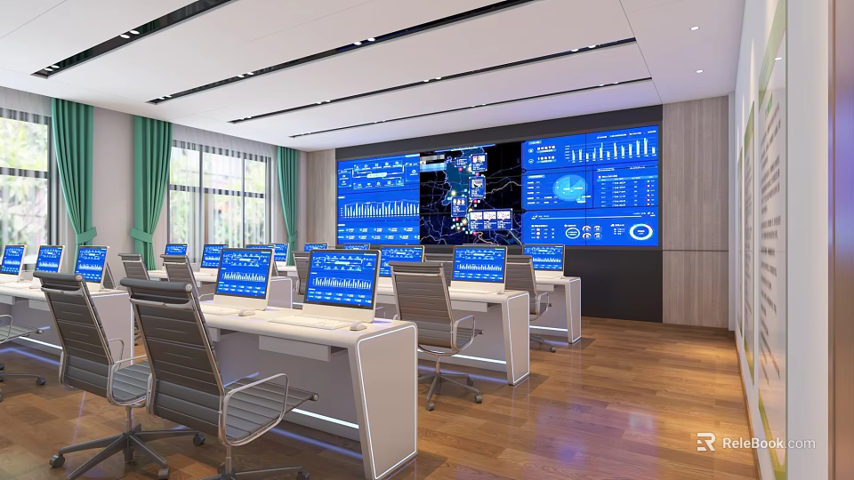 Modern Monitoring Room Interior With Multiple Computer Screens And Data Display Wall 3d model 