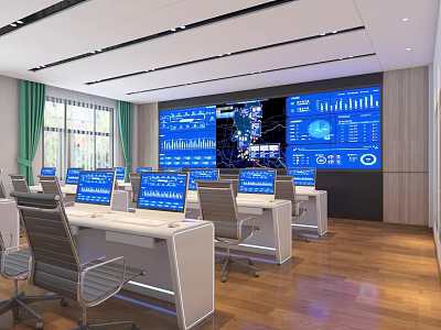 Modern Monitoring Room Interior With Multiple Computer Screens And Data Display Wall 3d model