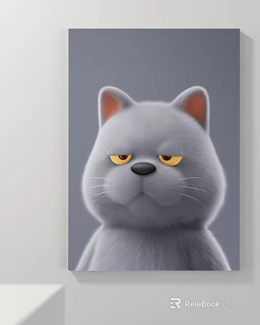 Animal Painting Of Gray Cat With Yellow Eyes Serious Expression And Fluffy Fur 3d model 