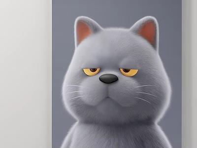 Animal Painting Of Gray Cat With Yellow Eyes Serious Expression And Fluffy Fur 3d model