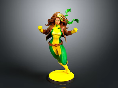 Superhero Figurine With Brown Hair Yellow Green Bodysuit Green Headband Yellow Base Running Pose 3d model
