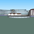 Modern Urban Architectural Complex With Central Water Pool And Circular Structures