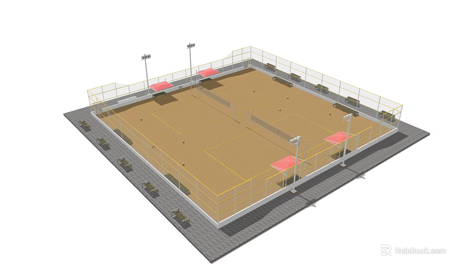 Outdoor Sports Court For Fitness With Fenced Area Lighting Benches And Net 3d model 