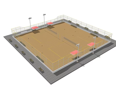 Outdoor Sports Court For Fitness With Fenced Area Lighting Benches And Net 3d model