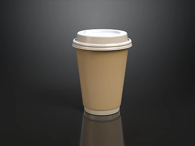 Brown Disposable Paper Cup with White Lid on Dark Reflective Surface 3d model