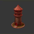 Scenic Red Roof Lighthouse Model with Brick Structure and Red Door on Green Grass Base