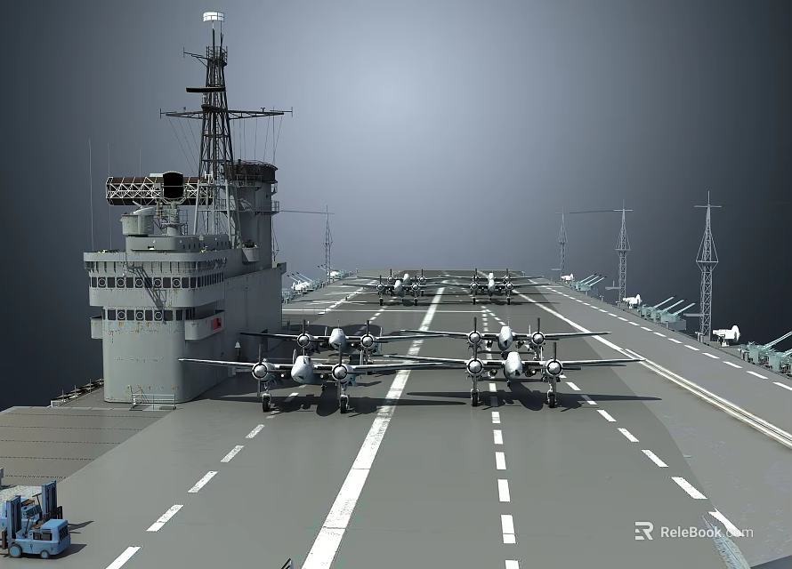 Aircraft Carrier Flight Deck with Military Jets and Island Structure 3d model 