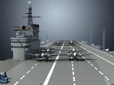 Aircraft Carrier Flight Deck with Military Jets and Island Structure 3d model