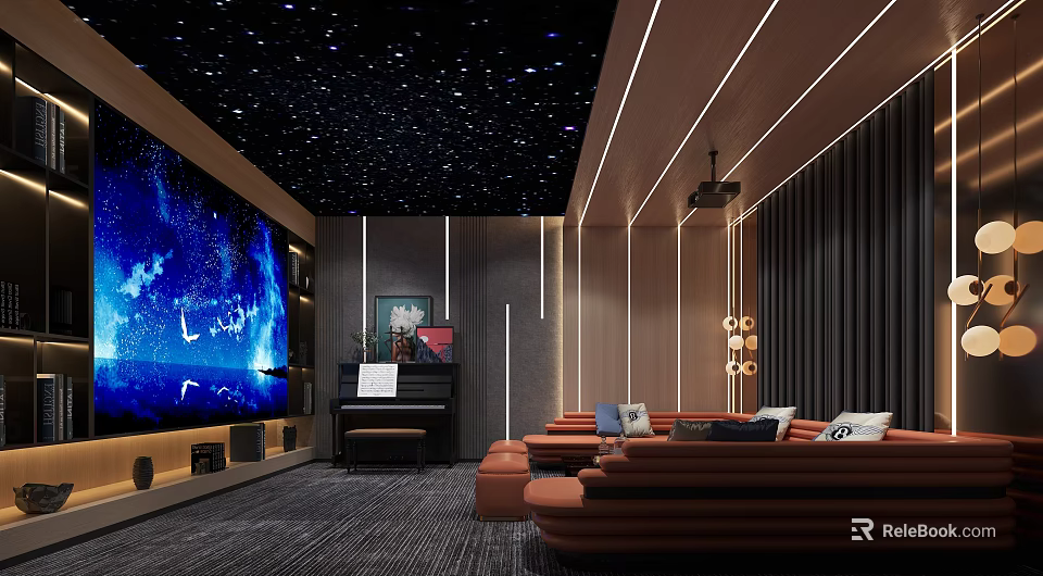 Modern Home Theater Interior Design With Starry Ceiling Large Screen Piano And Comfortable Sofas 3d model