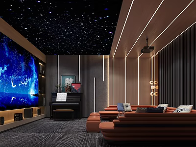 Modern Home Theater Interior Design With Starry Ceiling Large Screen Piano And Comfortable Sofas 3d model