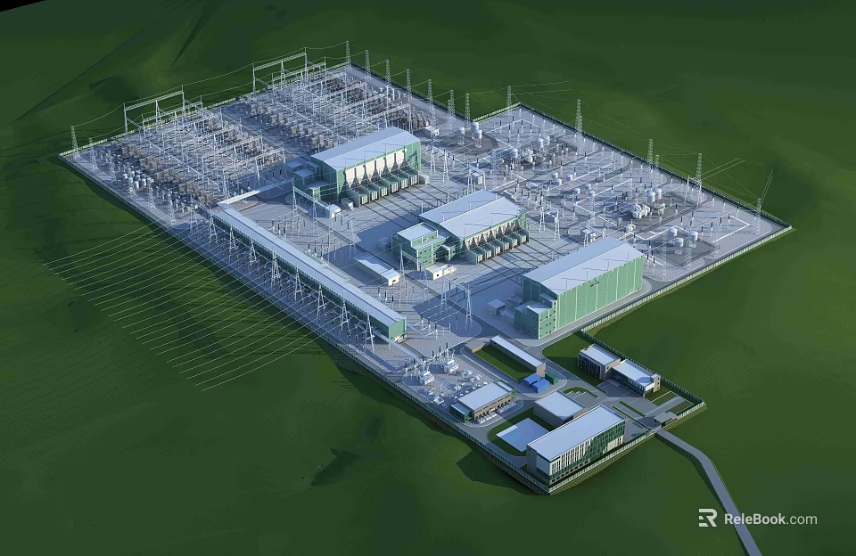 Modern Large-Scale Industrial Plant with Buildings Machinery Pipes and Green Areas 3d model 