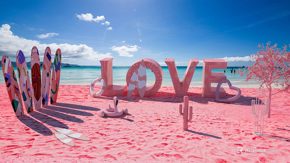 Scenic Pink Sand Beach With LOVE Letters Surfboards And Lifebuoy Decorations 3d model 