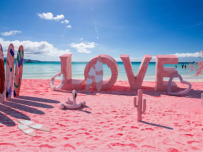 Scenic Pink Sand Beach With LOVE Letters Surfboards And Lifebuoy Decorations 3d model