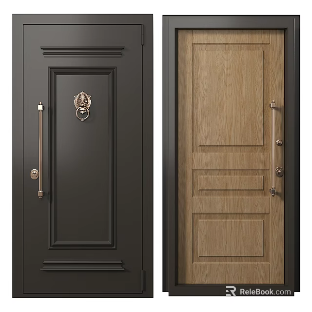 Security Door Designs Featuring Black And Light Wood With Decorative Knocker And Sleek Lines 3d model 