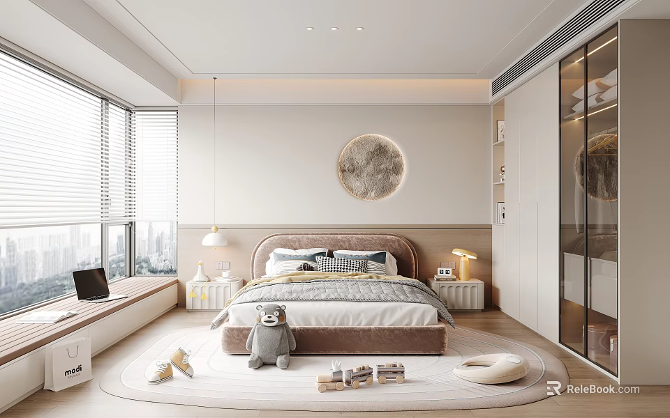 Cozy Modern Kids Room Interior With Comfortable Bed Stuffed Teddy Bear And Round Decorative Painting 3d model 