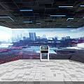 Futuristic Tech Exhibition Hall With Interactive Digital Displays And Cityscape Projections