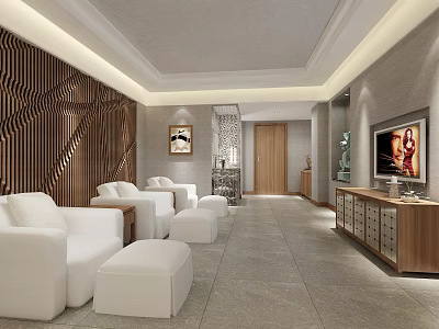 Modern Luxurious SPA Sauna Lounge With White Sofas Ottomans Wooden Wall Decor And TV Cabinet 3d model