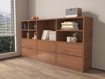 Modern Wooden Bookshelf With Compartments Drawers Books Decorative Items And Radio 3d model