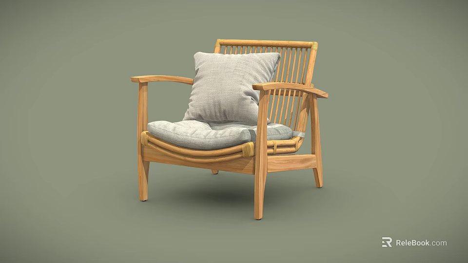 Simple Design Wooden Frame Leisure Chair With Gray Cushion And Armrests 3d model 