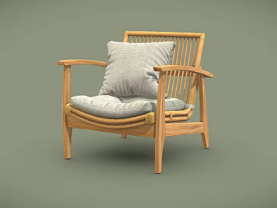 Simple Design Wooden Frame Leisure Chair With Gray Cushion And Armrests 3d model