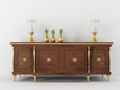 Elegant Wooden TV Stand With Gold Accents Circular Knobs Legs And Candle Holders 3d model