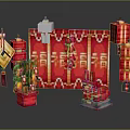 Traditional Chinese Spring Festival Decor With Red Lanterns Fu Characters Potted Plants And Red Boxes