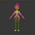 3D Animated Character With Red Hair Green Eyes Green Vest White Gloves And Gray Skirt