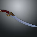 Traditional Curved Sword With Red Handle And Golden Accents On Dark Background