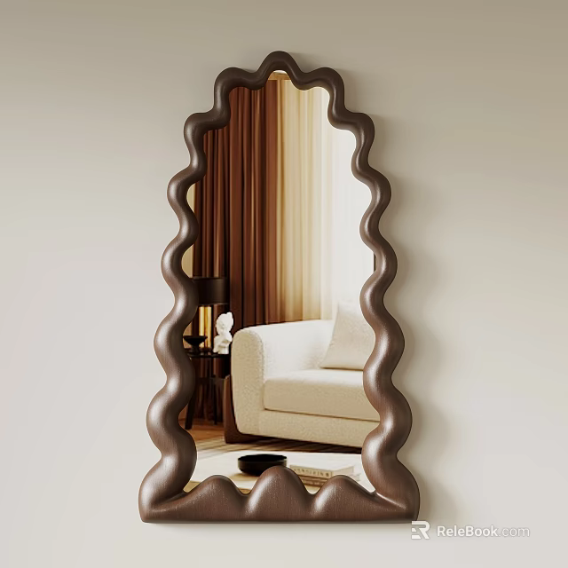 Wavy Frame Mirror In Living Room With Beige Sofa And Brown Curtains 3d model 