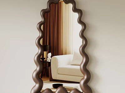 Wavy Frame Mirror In Living Room With Beige Sofa And Brown Curtains 3d model