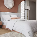 Modern Double Bed with Arched Orange Backdrop Circular Relief Sculpture Pink Nightstands and Floor Lamps