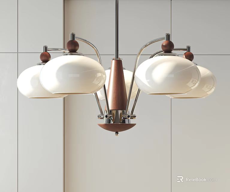 Modern Chandelier With White Shades Wooden Details And Metal Frame Hanging Design 3d model 