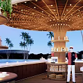 Modern Pergola Outdoor Night Scene With Palm Trees Bar Counter And White Chairs Design