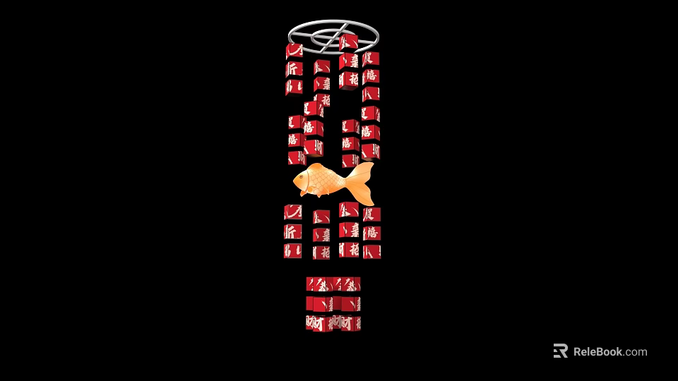 Decorative Hanging Art With Red Squares And Orange Fish Design 3d model 