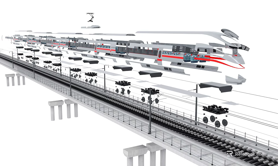 Sleek Modern High Speed Train on Elevated Track With Overhead Catenary and Piers 3d model