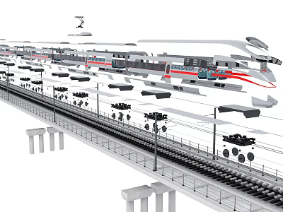 Sleek Modern High Speed Train on Elevated Track With Overhead Catenary and Piers 3d model