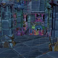 Cartoon Scene With Blue Stone Pillars Stone Floor Dark Entrance And Golden Decorations