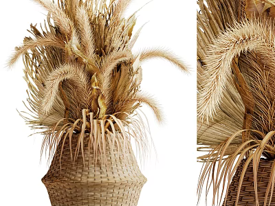 Natural Dried Floral Arrangement in Rustic Woven Vase Decorative Home 3d model