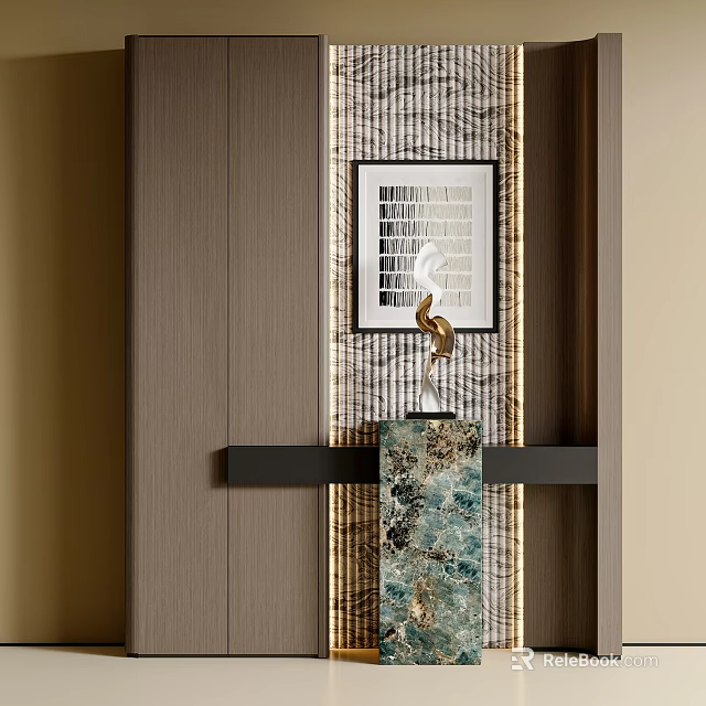 Modern Entryway Design With Wooden Walls Decorative Painting And Marble Console 3d model 