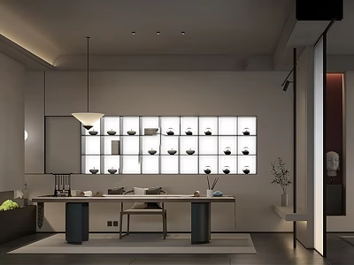 Modern Teahouse Interior Design With Tea Sets Display Shelves Wooden Tables And Hanging Lights 3d model